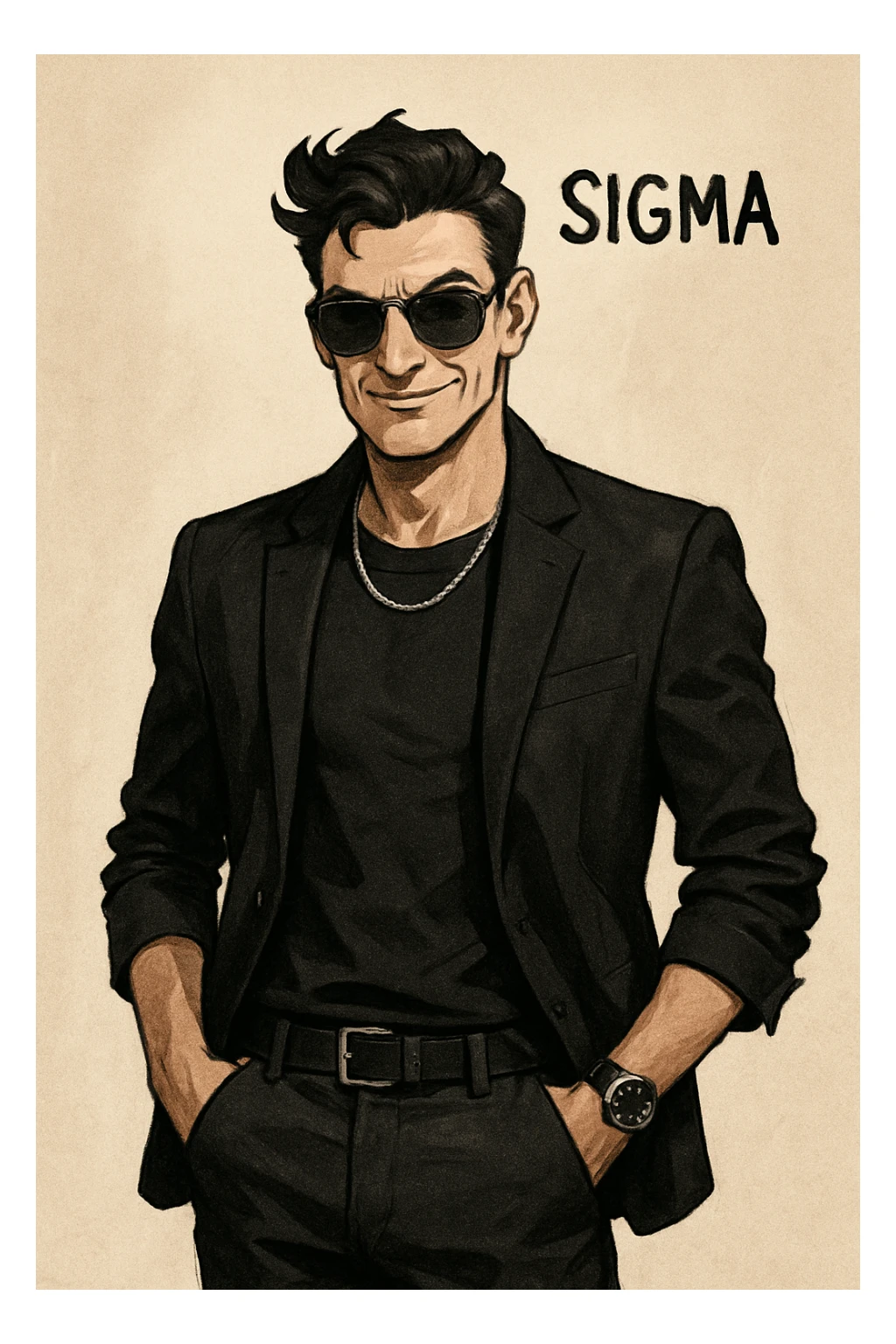 sigma character with a smirk, wearing shades, stylish look sticker