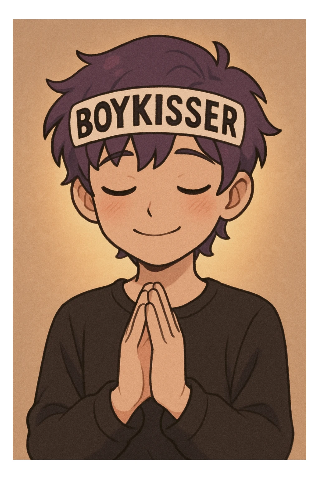 boykisser character standing, hands clasped in prayer, eyes closed, smiling sticker