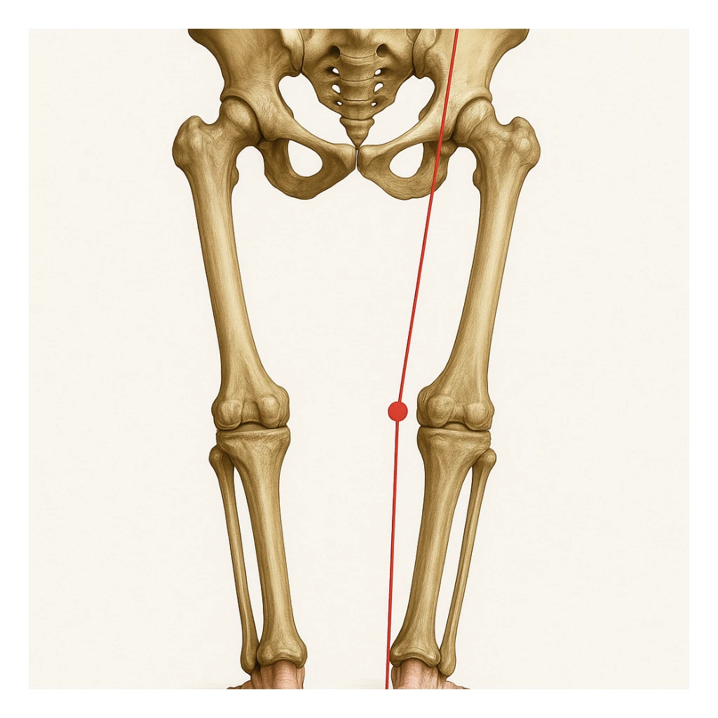 Hyperrealistic anatomical illustration 4K, rear view, 1:1 proportion, varus knee seen from behind, pelvis bones, femur, tibia, and fibula clearly highlighted, red mechanical axis line, realistic details, medical style, neutral background. sticker