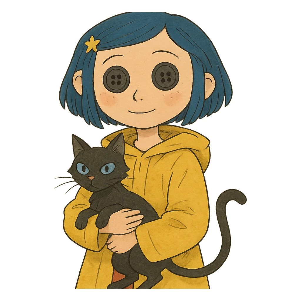 Coraline character with blue hair, yellow raincoat, button eyes, holding a black cat, whimsical style sticker
