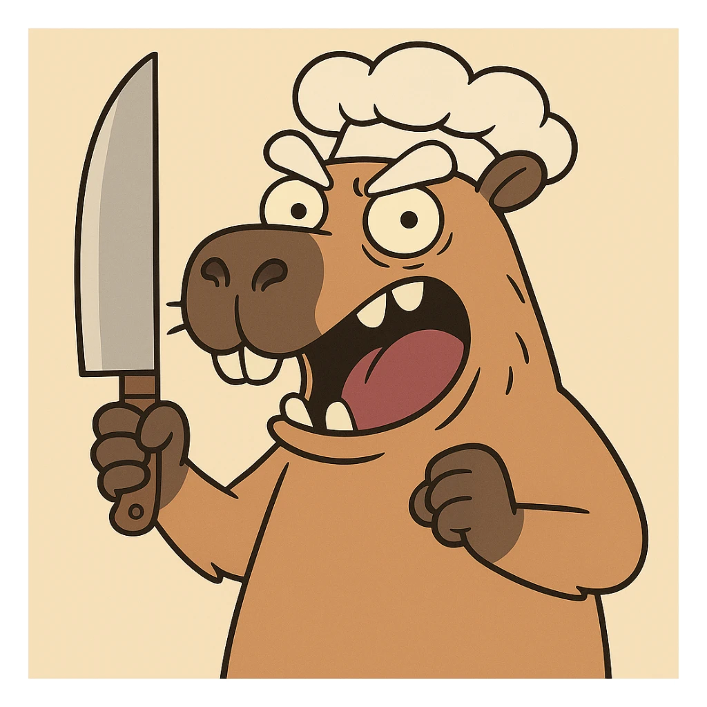 Add a chef hat to the funny cartoon capybara wielding a kitchen knife, preserving the exaggerated expression and humor. sticker