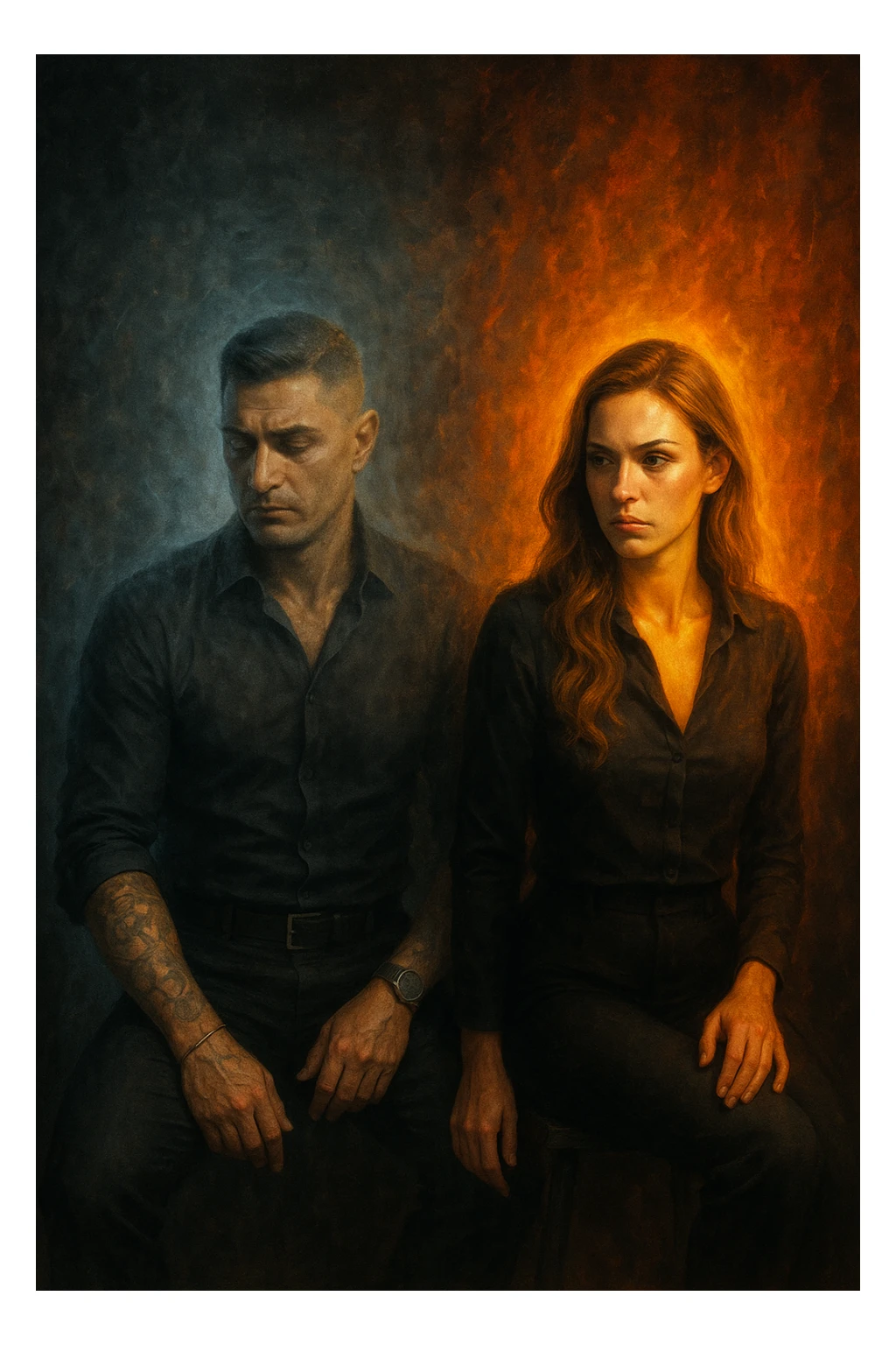 Man receiving advice from a woman, symbolically losing masculine energy, his aura fading while hers shines. Conceptual composition, two seated figures, emotional tension, abstract background." sticker