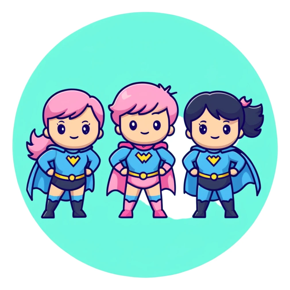 three cute superhero girls with powers - one in light blue costume, one in pink costume, and one in light green costume sticker