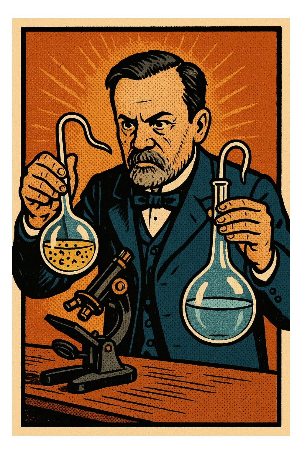A victorian scientist like Louis Pasteur experimenting with two glass swan neck flasks.  One of the flasks has an open top and contains lot of bacteria in the water.  The other flask is sealed and contained clear water.  There is also a microscope on Pasteur's desk sticker