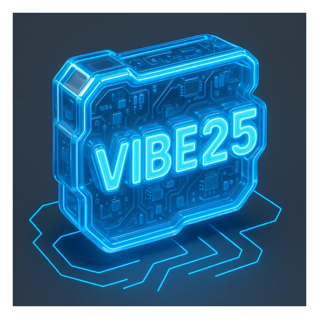 Make the VIBE25 logo slightly larger with a dark grey background instead of black. Keep the Tron-inspired neon blue outline, circuit background, and strong glow. Maintain high legibility and bold geometric font style. sticker