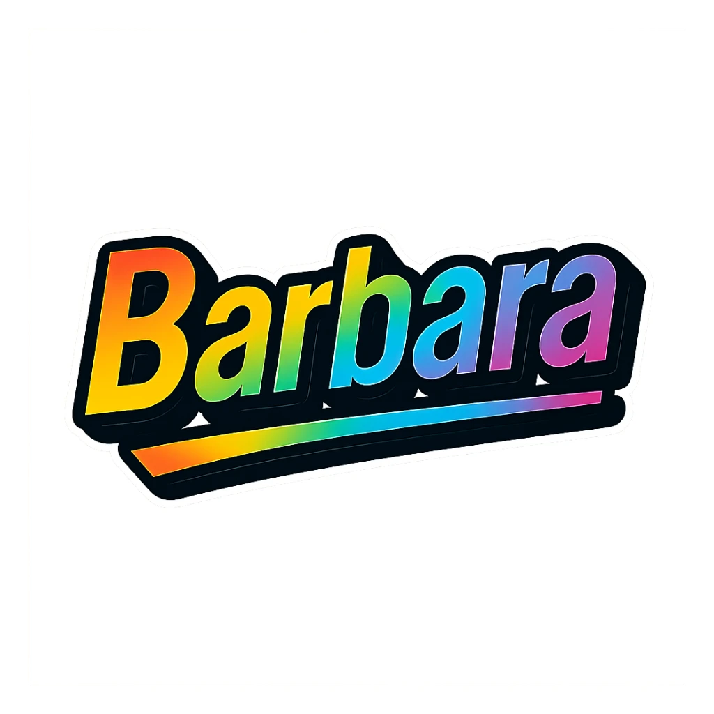 The name 'Barbara' in modern, precise Hungarian letters with a rainbow gradient fill, extra thick white outline, dark contour, transparent background, dynamic and slanted underline, in the style of the sample images. sticker