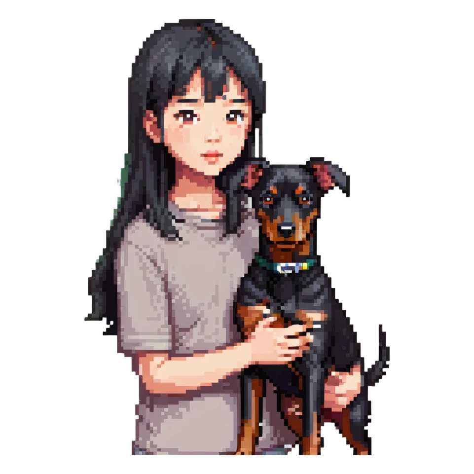 A medium black hair Asian girl holding a Doberman sticker