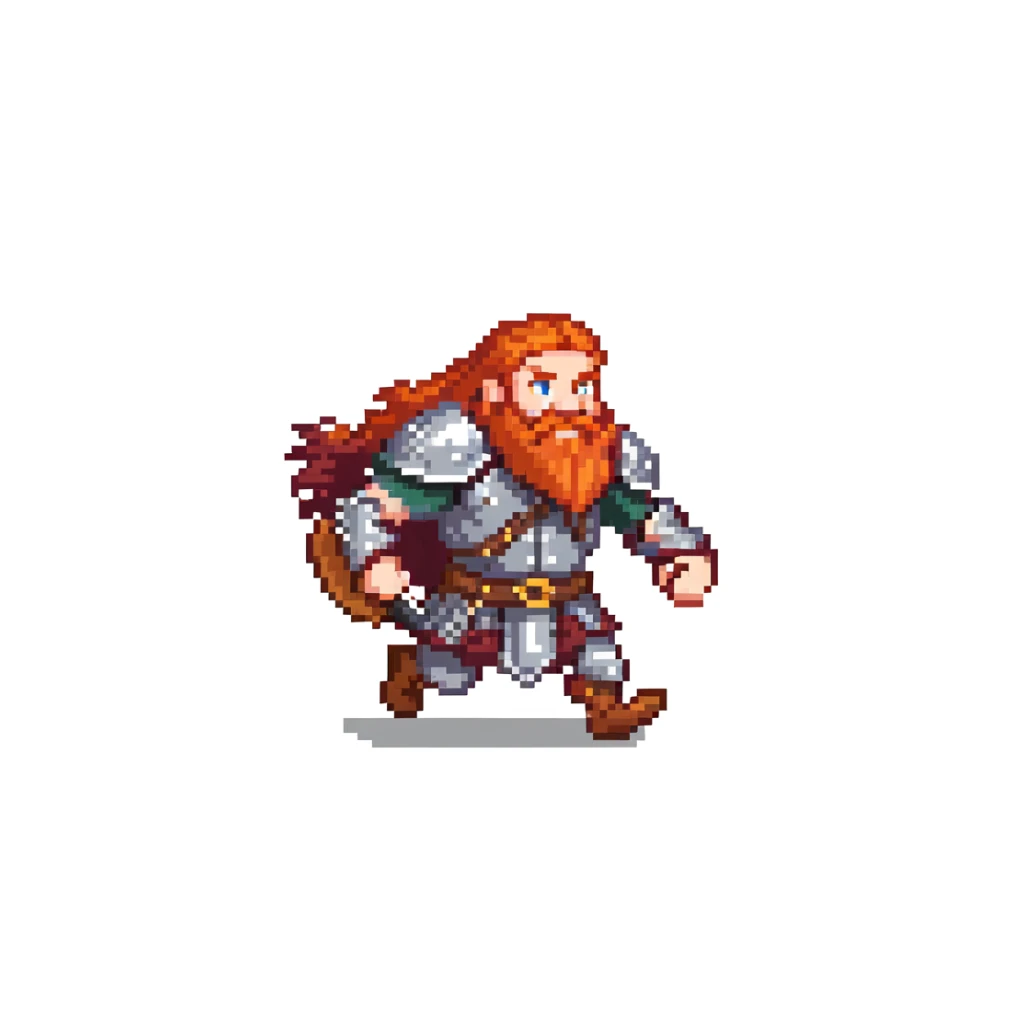 pixel art ginger viking with red beard and armor, running animation frame 2, mid-stride sticker