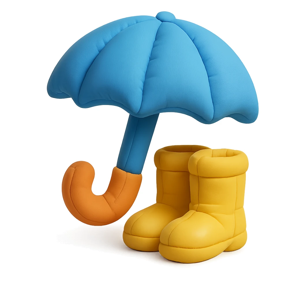 umbrella and rain boots, soft plush look, bright colors, cushion style sticker