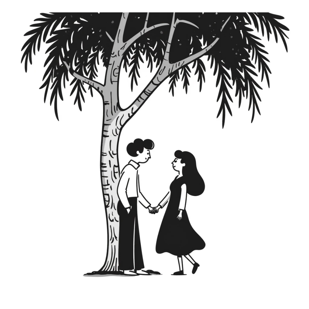 Hand-drawn romantic scene with two people holding hands under a tree sticker