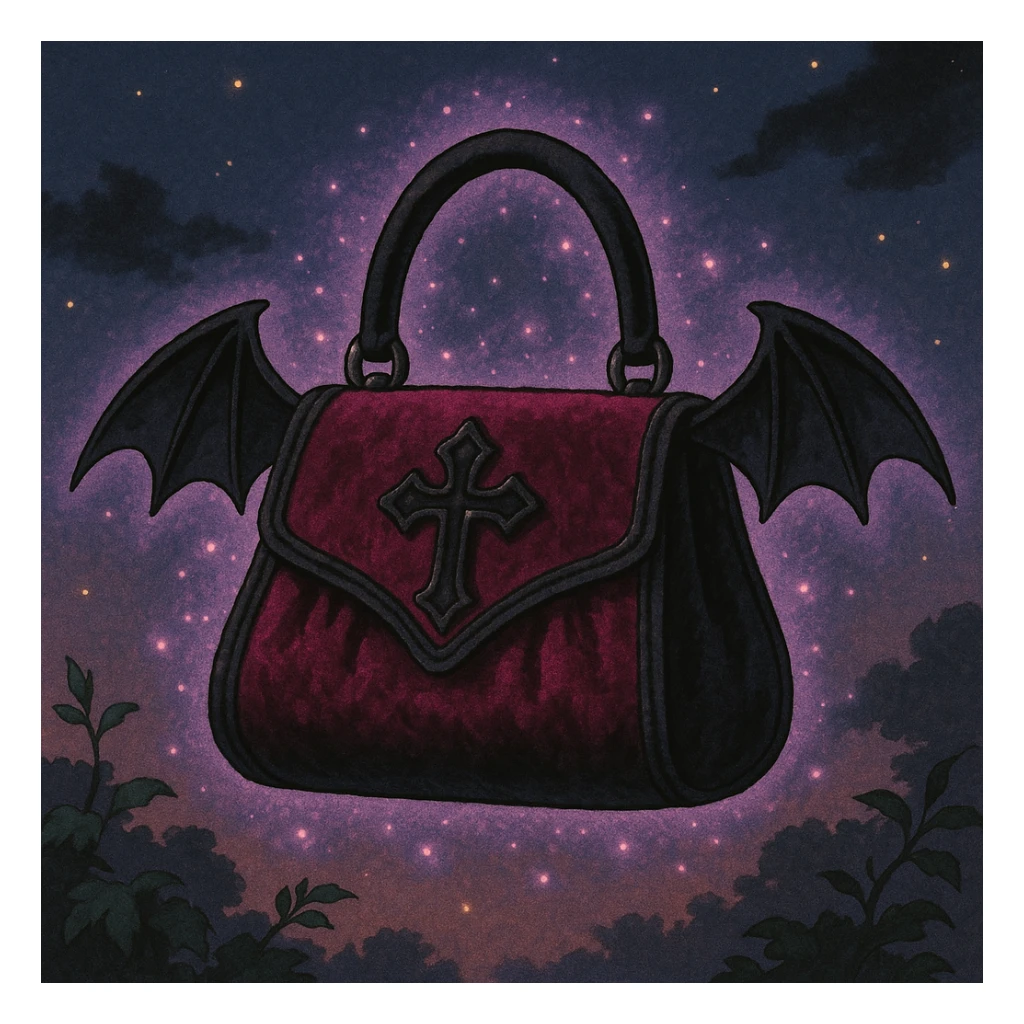 pink and black gothic purse, bat wing accents, velvet texture, magical aura sticker