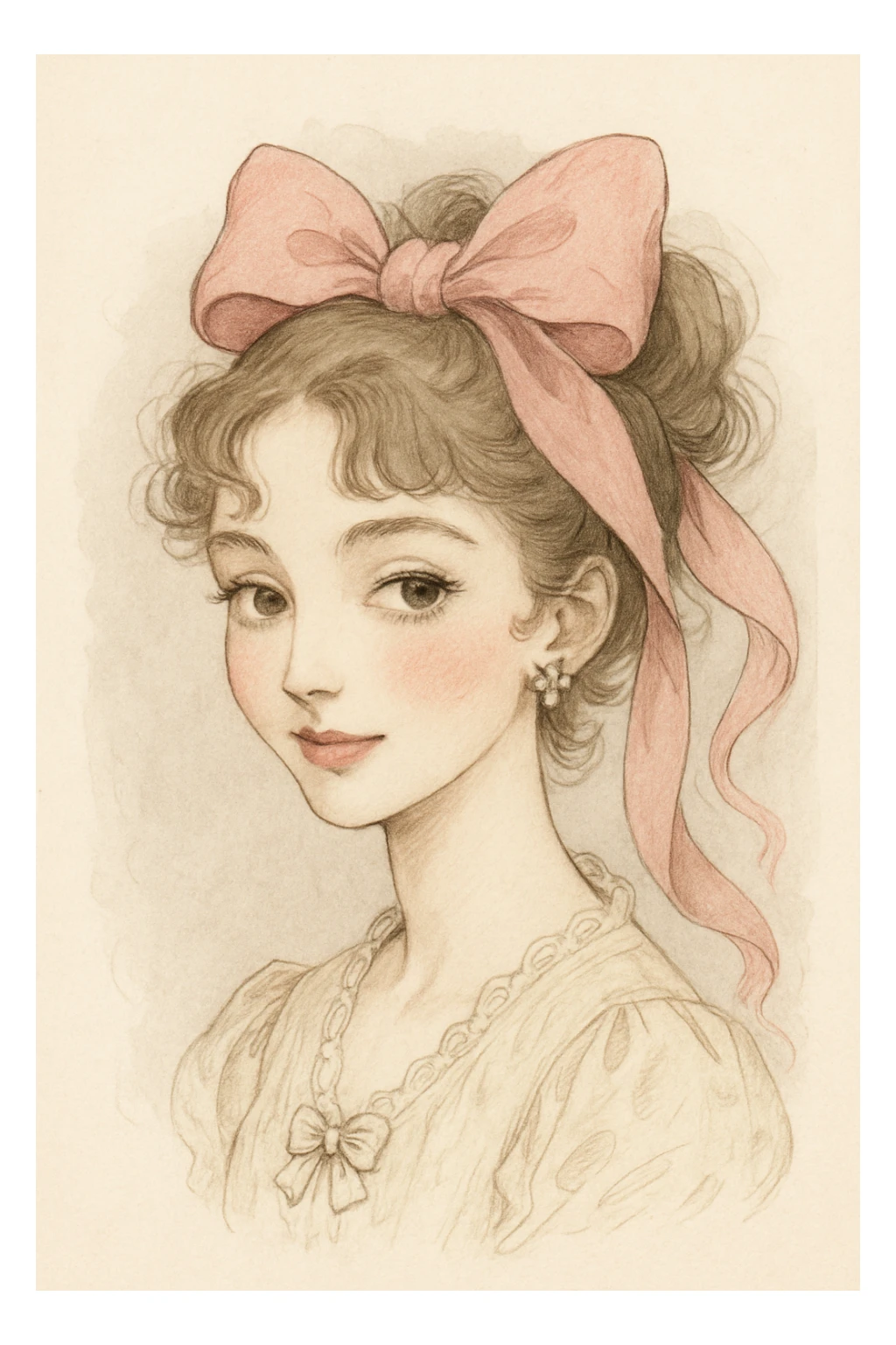 digital illustration style coquette woman with delicate details, large pink bow, elegant and artistic sticker