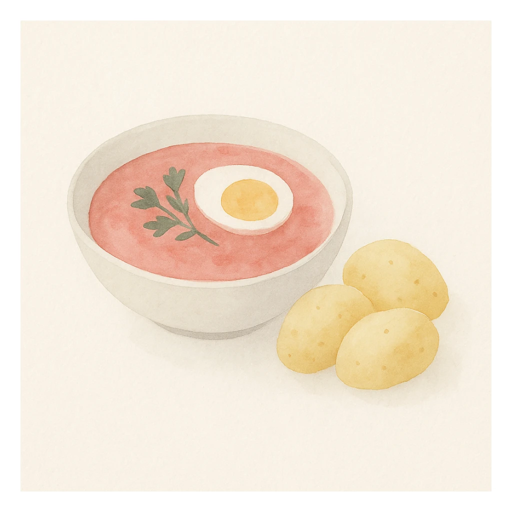 pink soup with egg and greens inside, boiled potatoes by its side, watercolor art style sticker