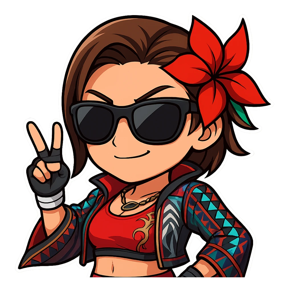 Azucena from Tekken 8 in chibi sticker style, wearing sunglasses and striking a cool pose, standard Twitch emote, wearing her detailed red and patterned outfit as shown in the reference images. sticker