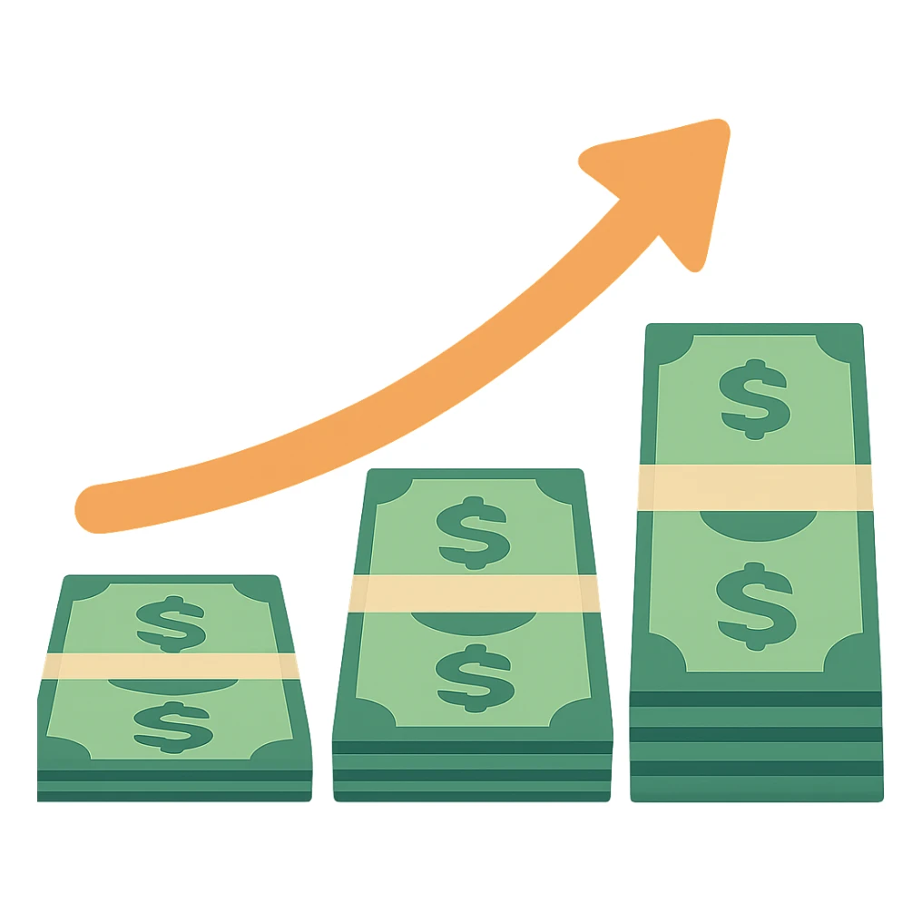 flat design style upward trending arrow beside three stacks of bundled dollar bills in ascending height sticker