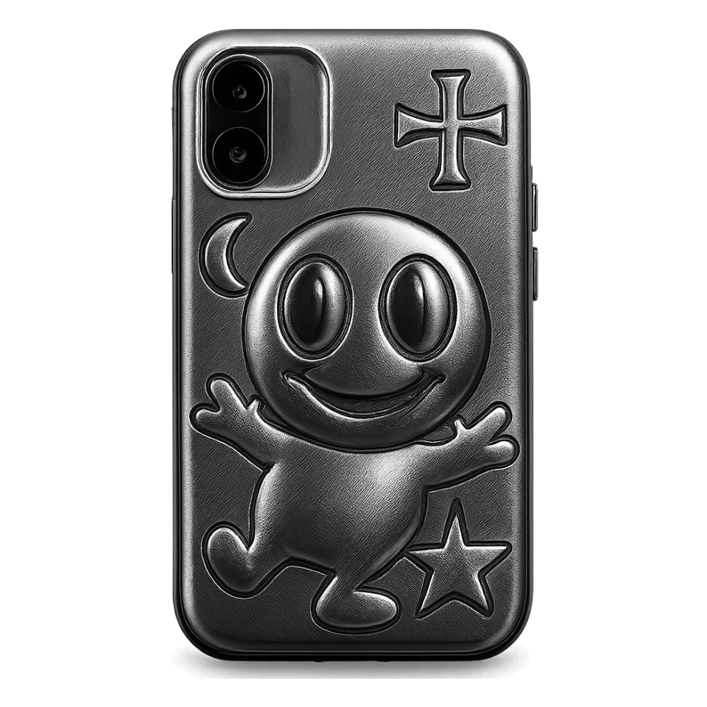 pink and black gothic phone case, big eyes, smiling, playful, cartoonish, gothic symbols sticker