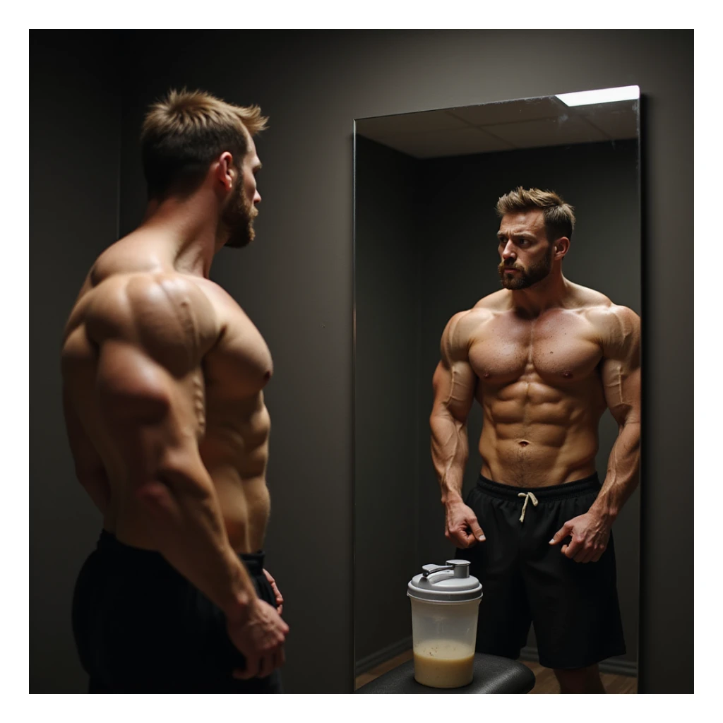 realistic bodybuilder man in cutting phase, standing shirtless in front of mirror, worried look at reflection, muscles slightly smaller and deflated, visible but less full veins, gym background with dim light, protein shaker on bench, expression of frustration or doubt sticker