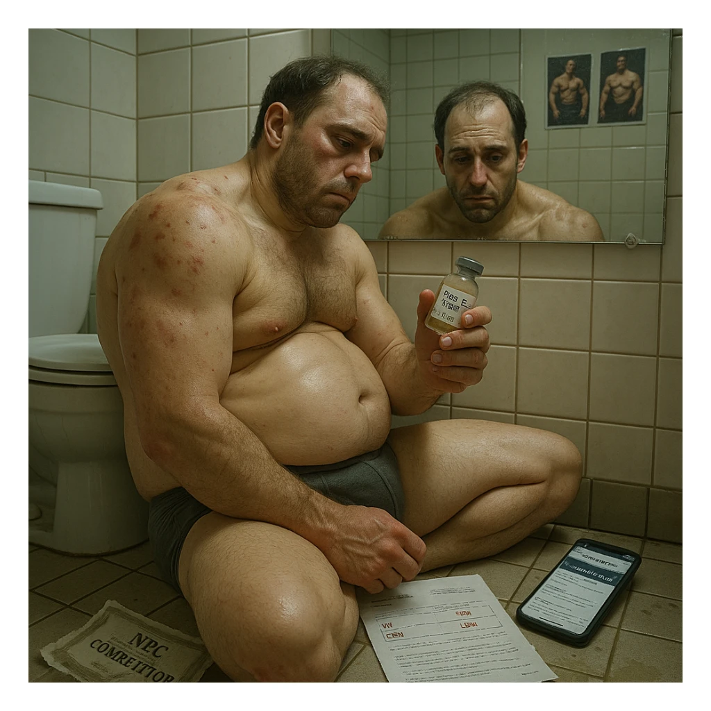 A 35-year-old bodybuilder sits shirtless on a bathroom floor, clutching an empty vial labeled "Test E 250mg". His physique shows the paradox of PED abuse: bloated stomach (high estrogen), atrophied testicles (shrunken in underwear), but zero exceptional muscle gains.  

Hyper-detailed elements:  
- **Needle marks** (track lines) on glutes with fresh bruising  
- **Acne clusters** on shoulders (CYP-induced)  
- **Lab papers** showing crashed LH/FSH (HPTA suppression)  
- **Phone screen** glowing with forum posts: "No gains after 8 cycles"  

The mirror reflects his exhausted face (dark circles, receding hairline) contrasting with gym selfies on the wall showing his younger natural self. A torn "NPC Competitor" certificate floats in dirty water.  

Photorealistic style with:  
- Clinical lighting (fluorescent bathroom bulbs)  
- Subsurface scattering on inflamed skin  
- Macro details of scar tissue from injections  
- Time-stamped vial (proving bi-weekly use)   sticker