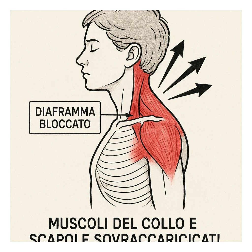 schema didattico con diaframma bloccato, muscoli del collo e scapole sovraccaricati, frecce che indicano la tensione, didascalia in italiano sticker