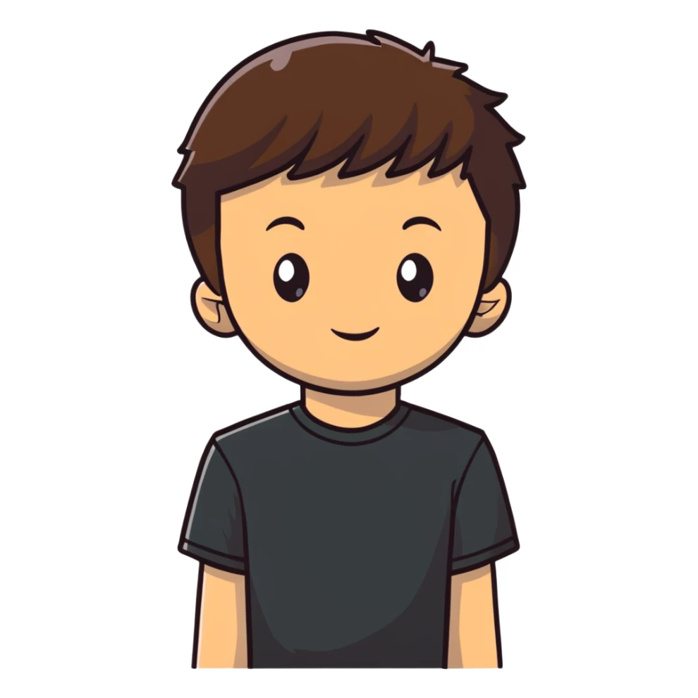 boy with straight short brunette hair brown eyes black tshirt on and tree behind sticker