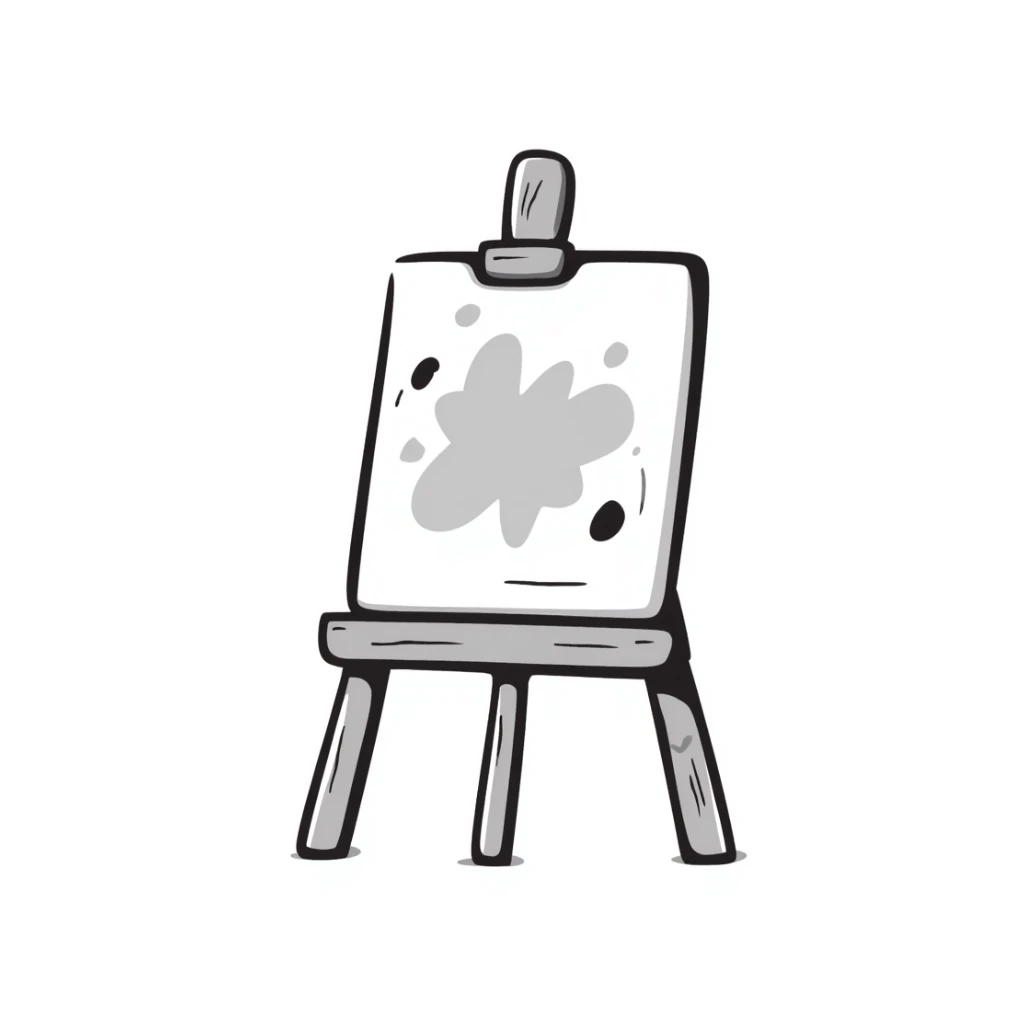 A wooden artist easel/painter's easel with a canvas in pastel colors (dd9fb0, ffc6d3, a3bfc9, c4bee2, f1b091), hand-drawn doodle style sticker
