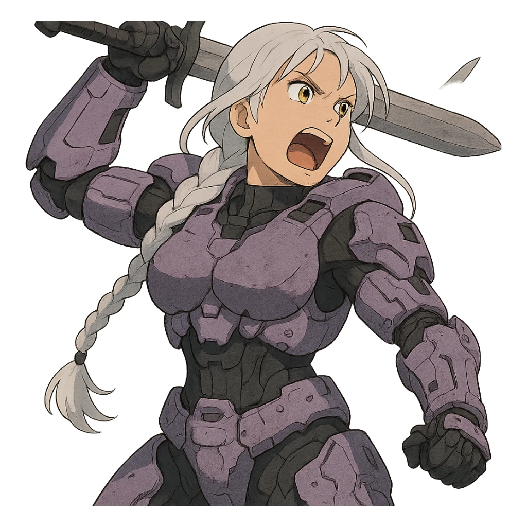 female, wearing reach spartan armor default, long white braid hair, gold yellow eyes, attention pose, HALO:series, no helmet, the armor is lavender color scheme, shoulder pad off. DDD bust size fitting. Punk gothic cyberpunk, brandishing a sword, preparing to swing and yelling sticker