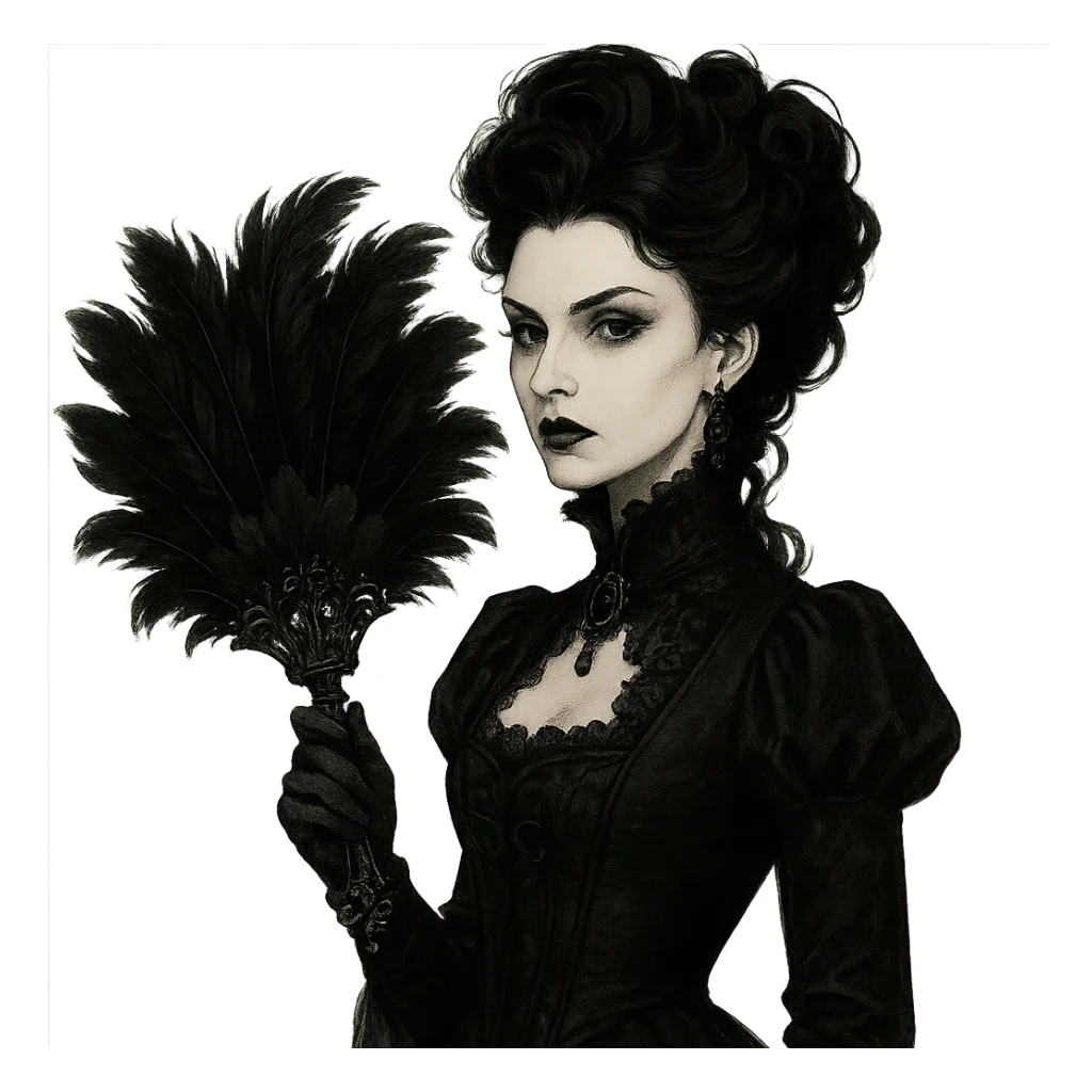 Aristocrat goth fan, black feathers, ornate handle, dramatic style sticker