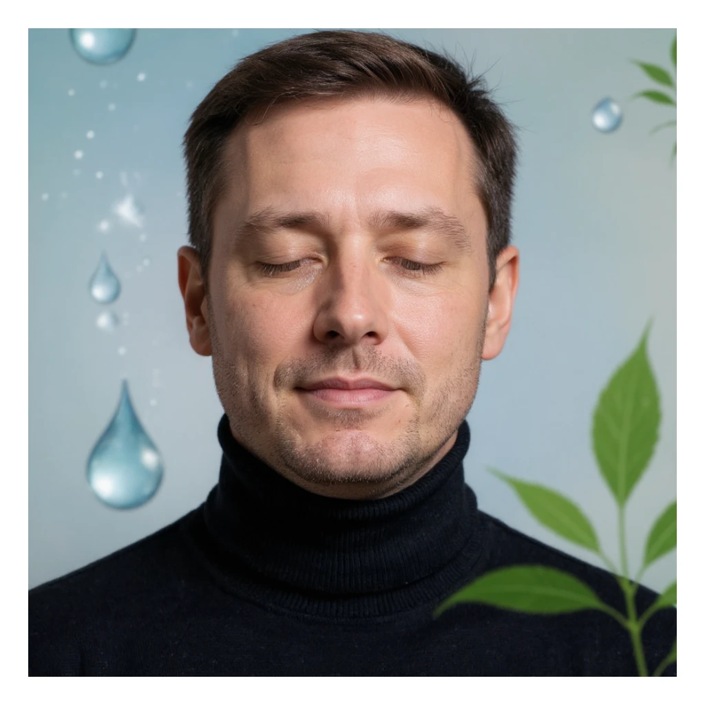 Vertical portrait of a man's face in a realistic style with closed eyes. Include symbols of water drops and green leaves near the face to represent hydration and detoxification during fasting. The atmosphere should convey freshness and cleanliness. sticker