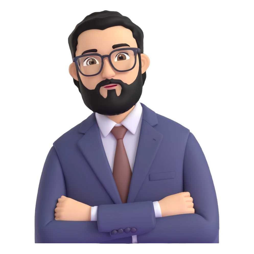 man with medium black beard, black hair, connected unibrow, olive tan skin, brown eyes, glasses, wearing a professional business suit sticker