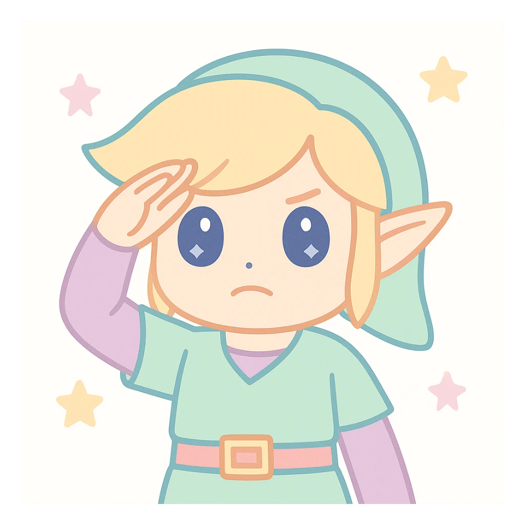 Link performing a military salute with right hand on forehead, serious expression, no text, kawaii style. sticker