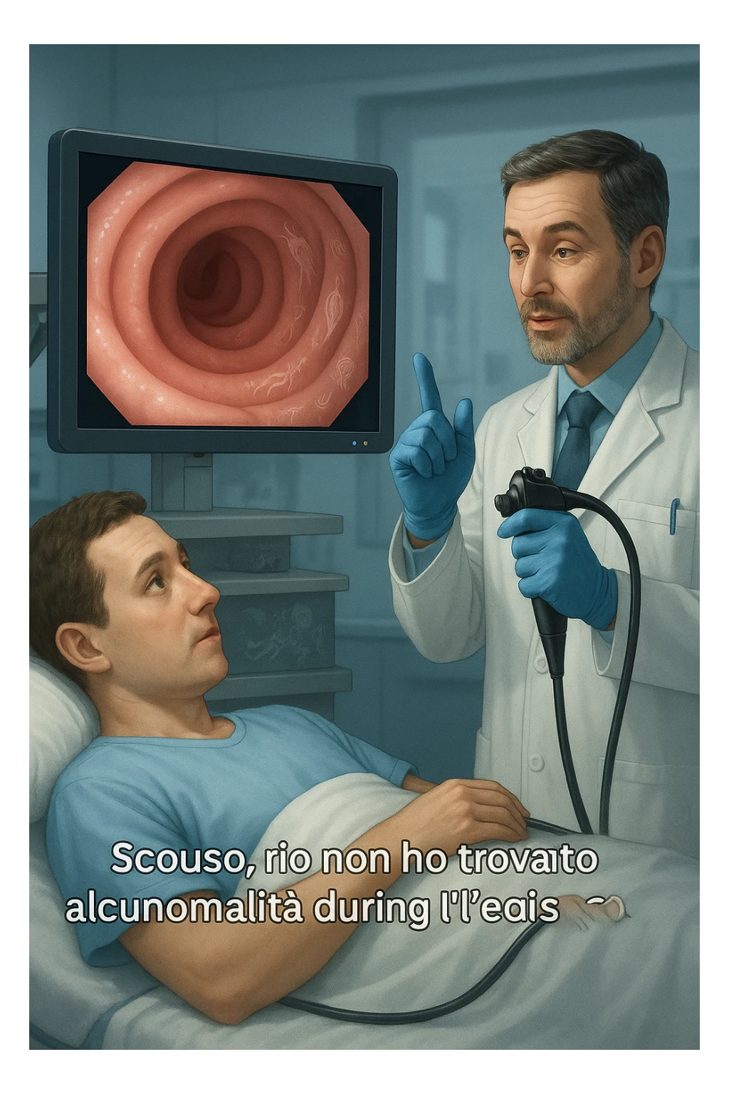 A medical cinematic illustration showing a patient undergoing a colonoscopy in a modern clinical setting. On the monitor, the endoscopic camera shows smooth, healthy-looking intestinal mucosa — clean and without evidentiary signs. But layered symbolically in the background (or faded into the intestinal wall), tiny parasitic organisms like protozoa and helminths are subtly depicted hiding between folds, or embedded deeper in tissues, undetectable by the surface-only scope. The doctor gestures with confidence, while the patient remains unaware that the test might not reveal the true underlying infection. The scene has cool clinical lighting, shallow depth of field, and realistic anatomy, overlaid with symbolic, almost ghost-like imagery of parasites in italiano sticker