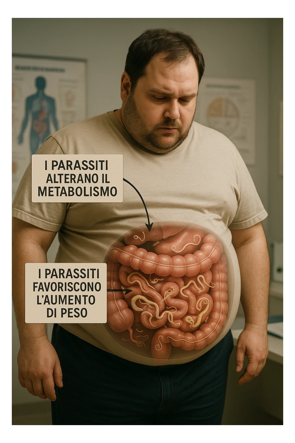 cinematic photo an overweight man is shown with a semi-transparent abdomen, highlighting the intestines filled with various types of parasites (such as worms or protozoa). Educational callouts explain how these parasites can disrupt metabolism and contribute to weight gain. The setting is a medical office, with charts and diagrams in the background. in italiano sticker