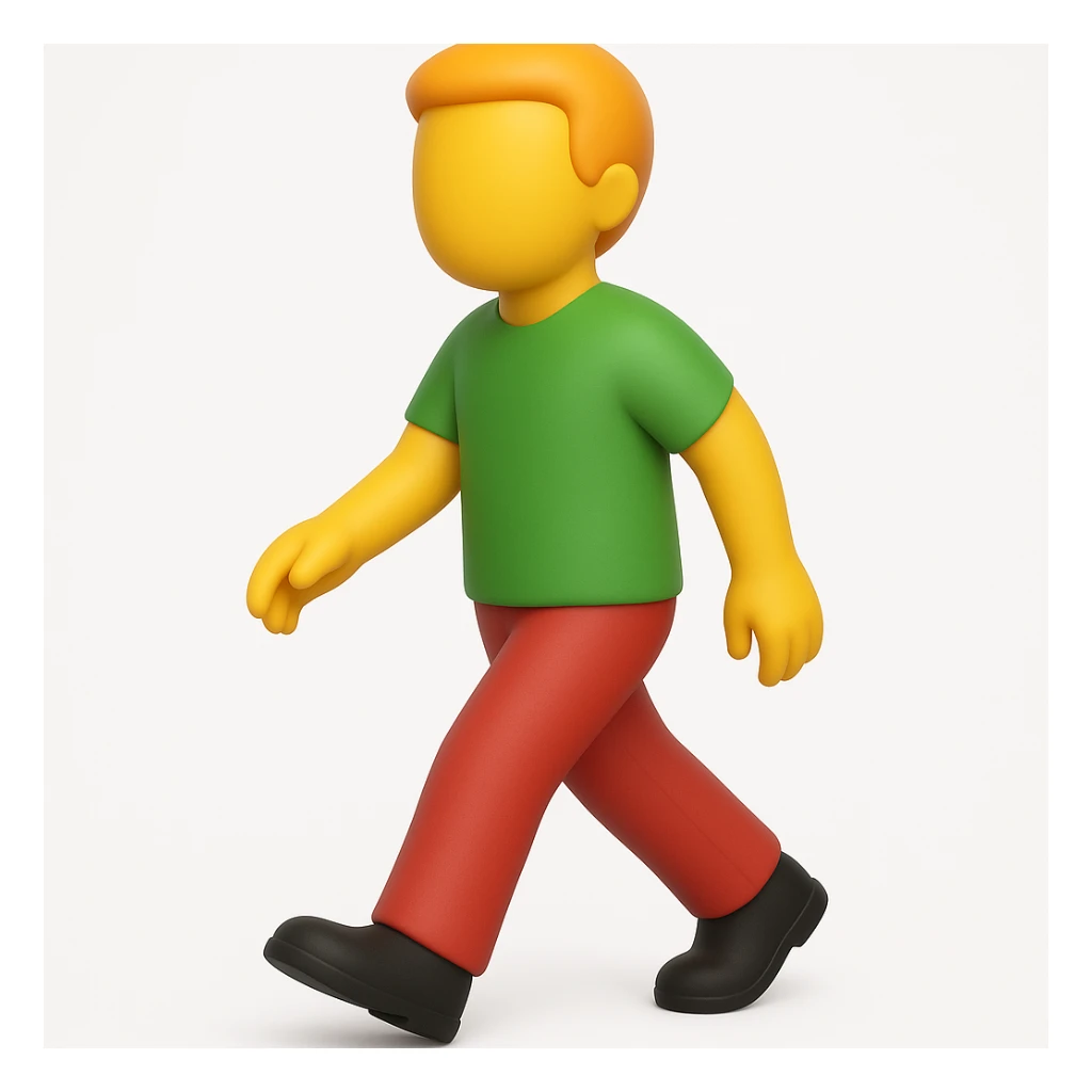 Create a walking man emoji with moderate red pants, a green shirt, and no face, in a 3D emoji style inspired by the reference image. Keep the pose and proportions similar to the original. sticker
