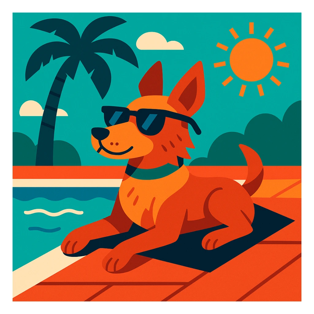 indie dog lounging by the poolside, sunglasses, summer vibe sticker