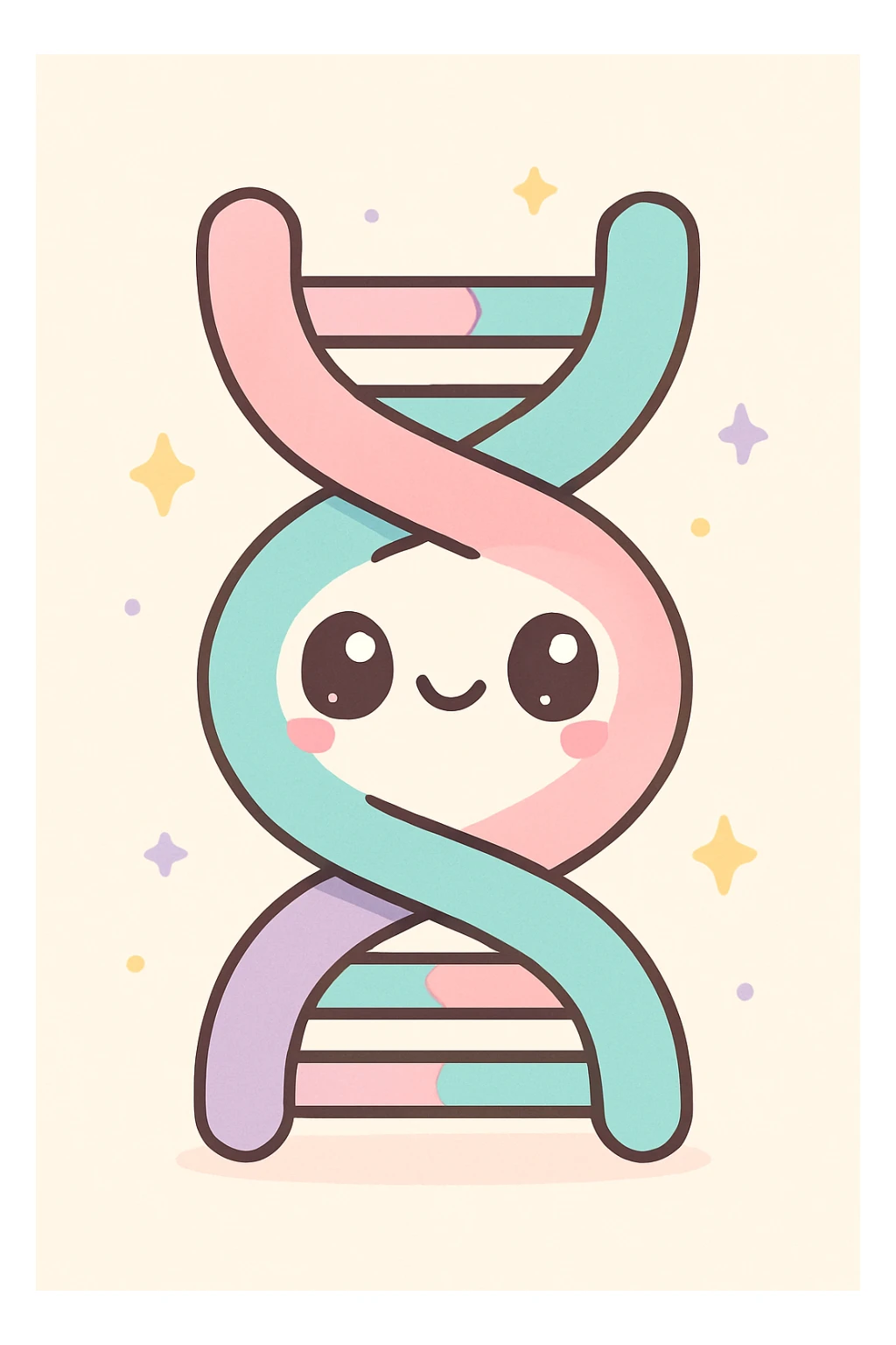 Kannst du mir bitte ein Bild erstellen im Kawaii-Stil? Also ganz übertrieben kitschig, also pastellige Farben mit den Thema Genetik. sticker