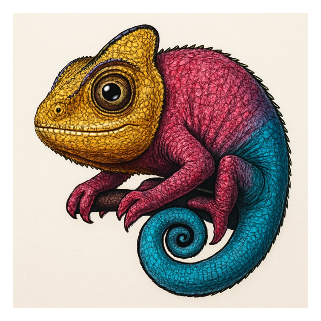 Make the rainbow chameleon more detailed with intricate scales and realistic texture, keeping vibrant colors and a simple background. Maintain the style and enhance the detail and texture realistically. sticker