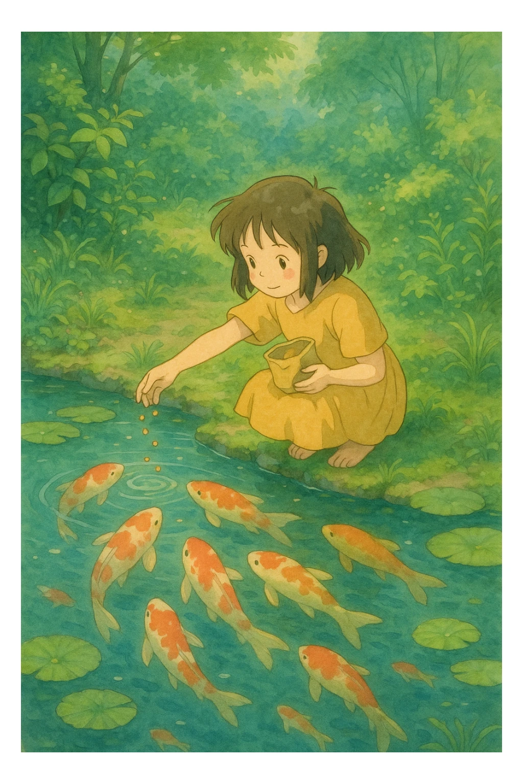 girl feeding koi fish in a pond sticker