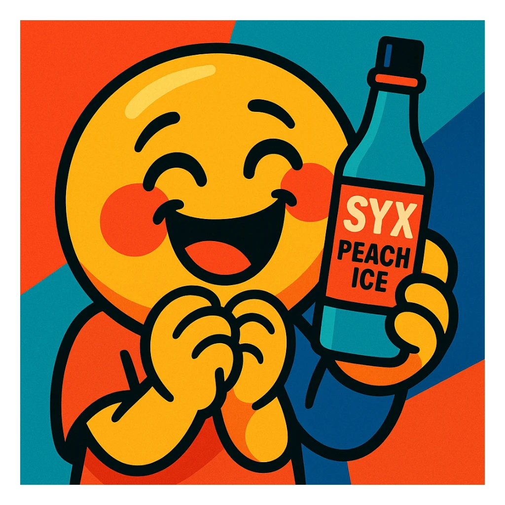 smiling emoji with blushing cheeks, cute begging face, holding a bottle labeled 'Syx Peach Ice', laughing, vibrant toon style sticker
