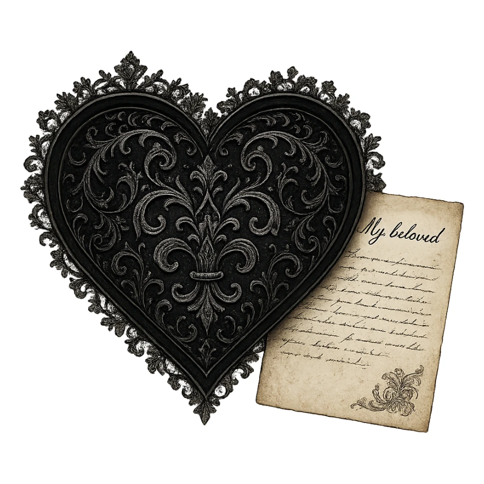 romantic goth heart with lace and a love letter, gothic style, black and silver, elegant sticker