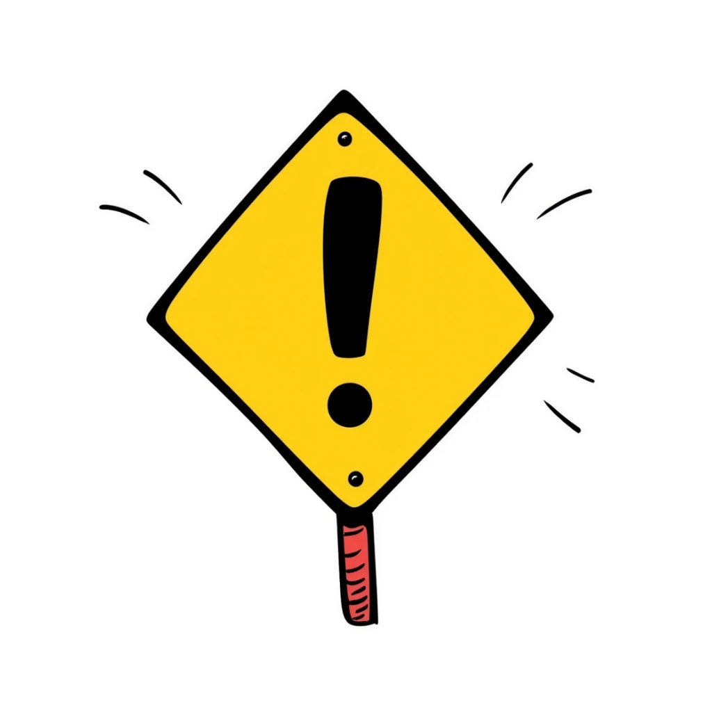 A creative warning sign with attention-grabbing zigzag border and a big exclamation mark in the center. Yellow, black, and red colors. Hand-drawn doodle style with vibrant coloring. sticker
