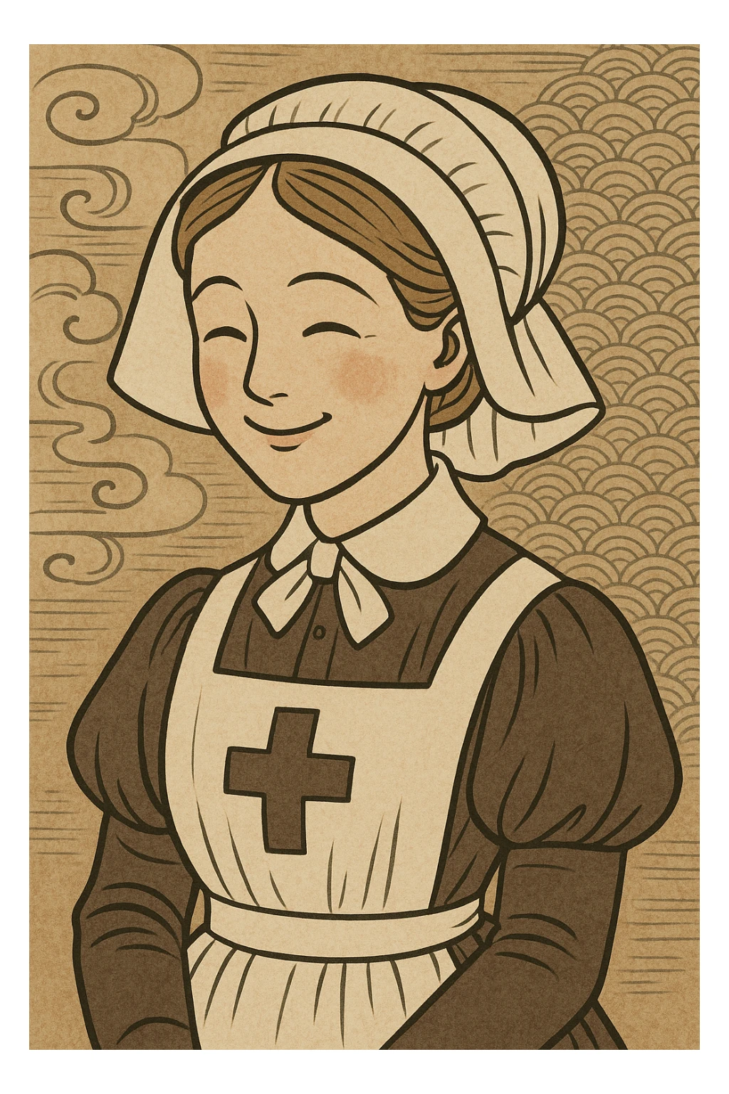 a smiling Victorian nurse with a bonnet, ukiyo-e style sticker