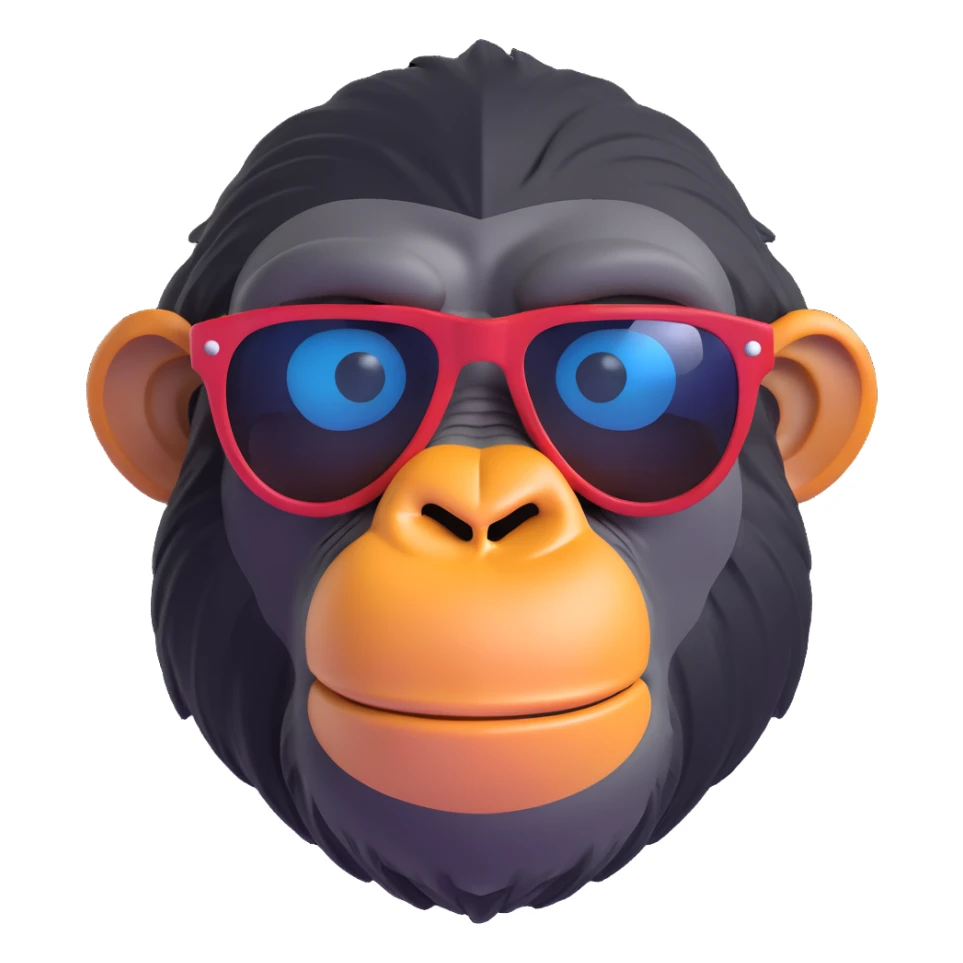 3D emoji style chimpanzee face, wearing sunglasses, cool attitude sticker