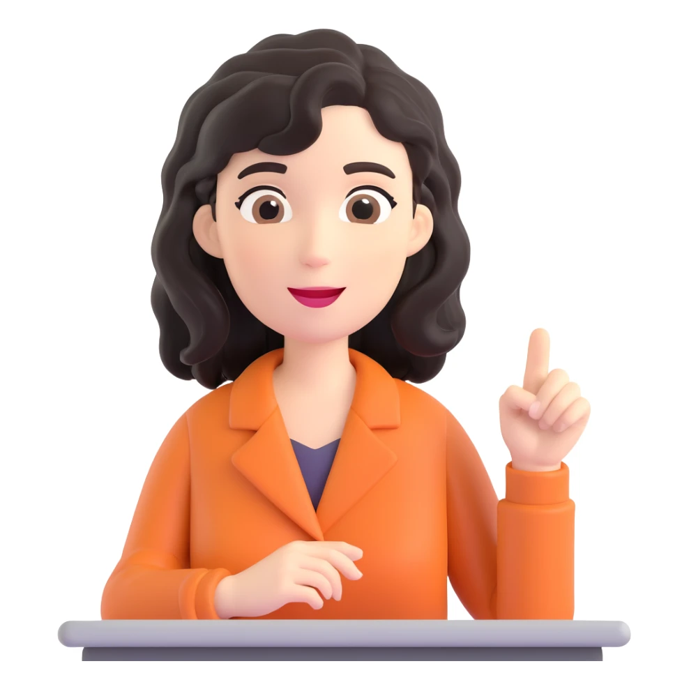 female teacher with black wavy hair, no glasses, teaching and talking sticker