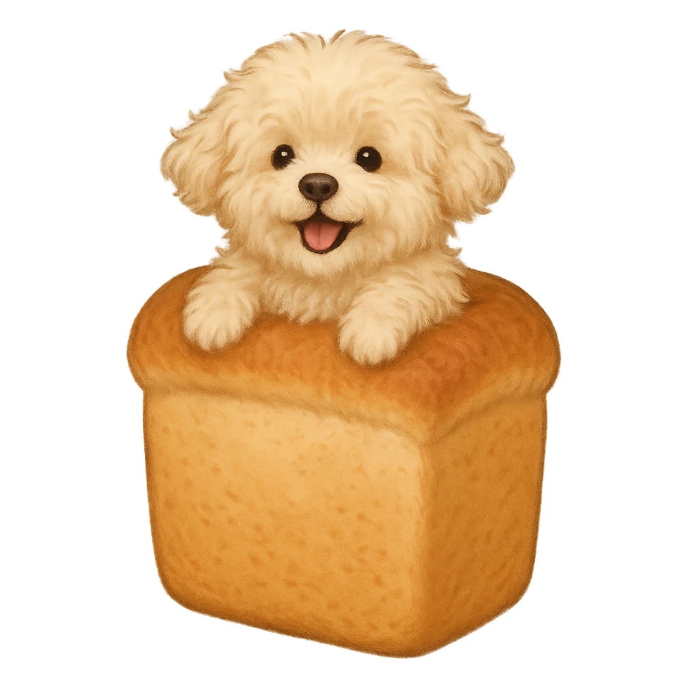 a fluffy soft fluffy dog peeking from a bread loaf, cheerful, warm beige, full-body sticker