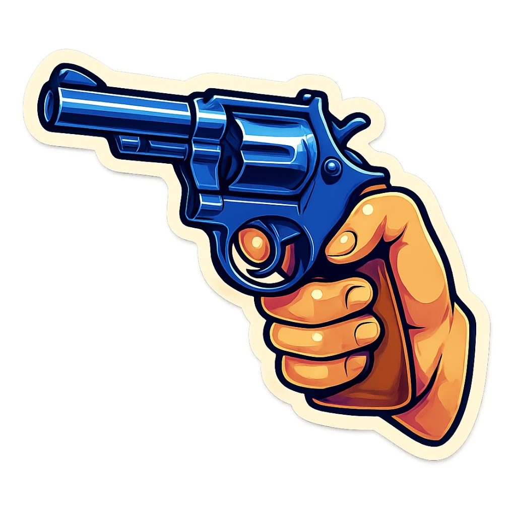 male hand holding a pistol revolver, retro stickers style, sharp black outlines, clear shadows and highlights, no gradients sticker