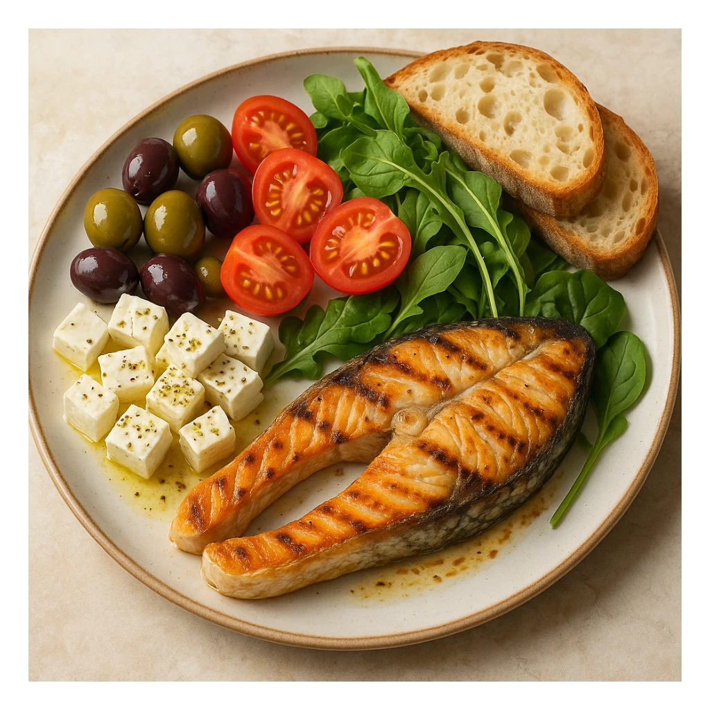 realistic illustration of a colorful Mediterranean meal plate with olives, tomatoes, feta cheese, grilled fish, bread, and fresh greens sticker