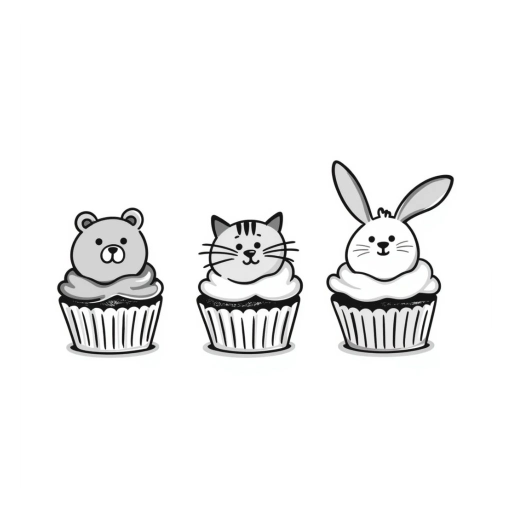 mini cupcakes with animal faces of bear, cat, and rabbit, soft pastel tones, hand drawn doodle style, transparent background sticker