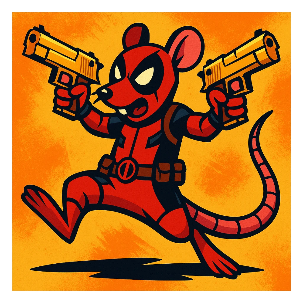 A rat dressed as Deadpool, holding two golden Desert Eagle pistols, dynamic pose, comic book style, vibrant colors sticker