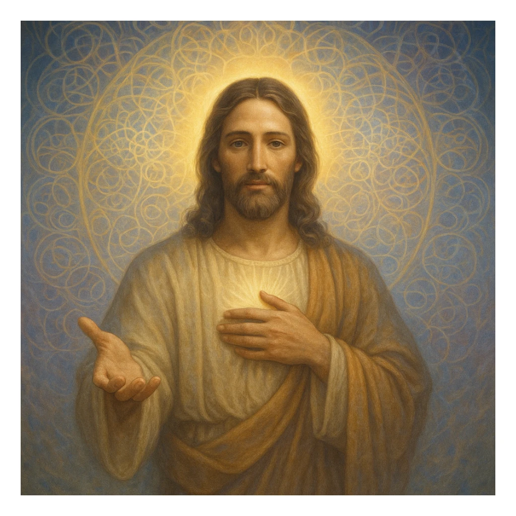 Christ Guardian of Mind, compassionate protector with glowing aura, one hand over heart and other extended outward, ethereal patterns representing thought and clarity, peaceful spiritual style sticker