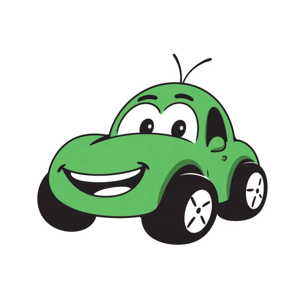 A hand-drawn green toy car with a silly grinning face and googly eyes sticker